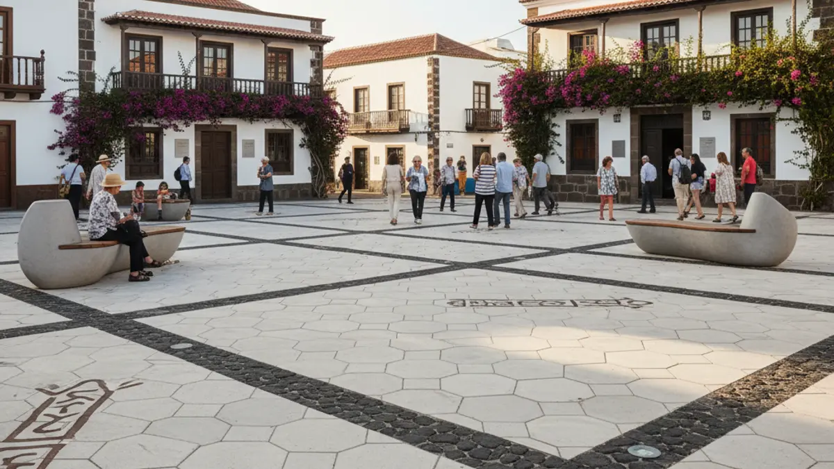 Imagen de una plaza renovada en un pueblo de las Islas Canarias, con elementos modernos y detalles históricos.