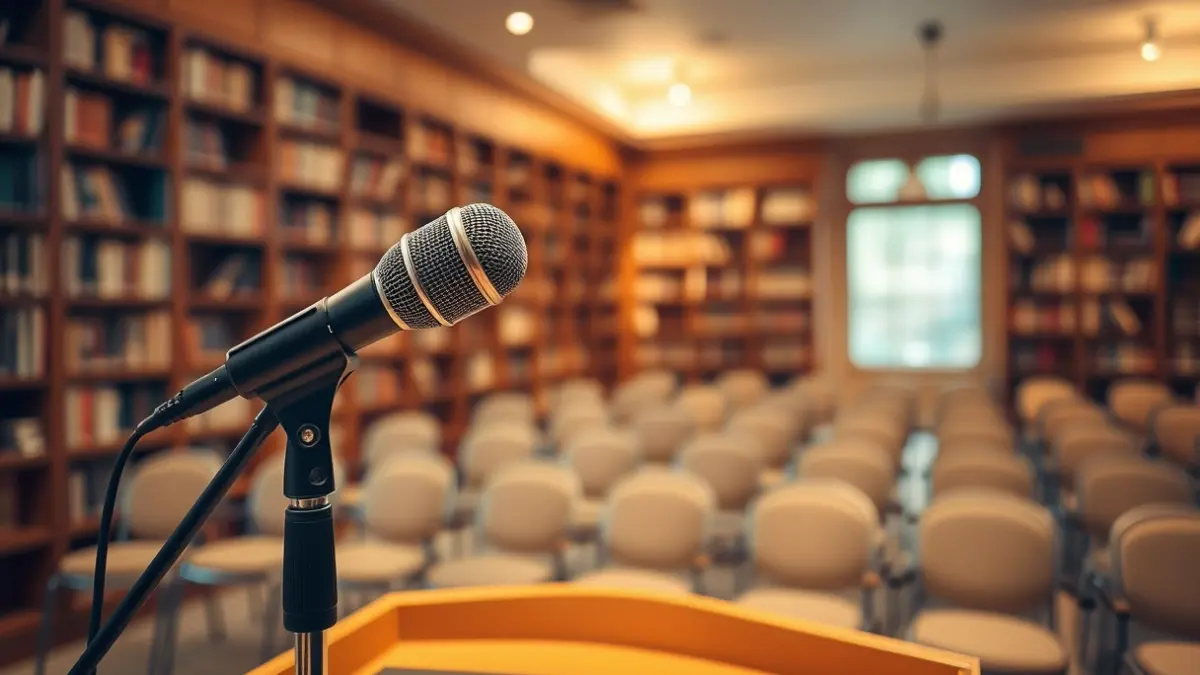 Imagen genérica de un micrófono en un podio, simbolizando un evento cultural o educativo.