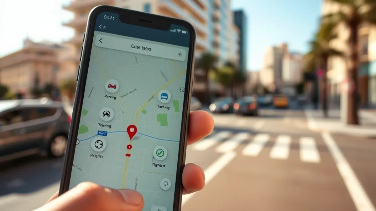Image of a person using a mobile application on a smartphone, showing a map with urban service icons.