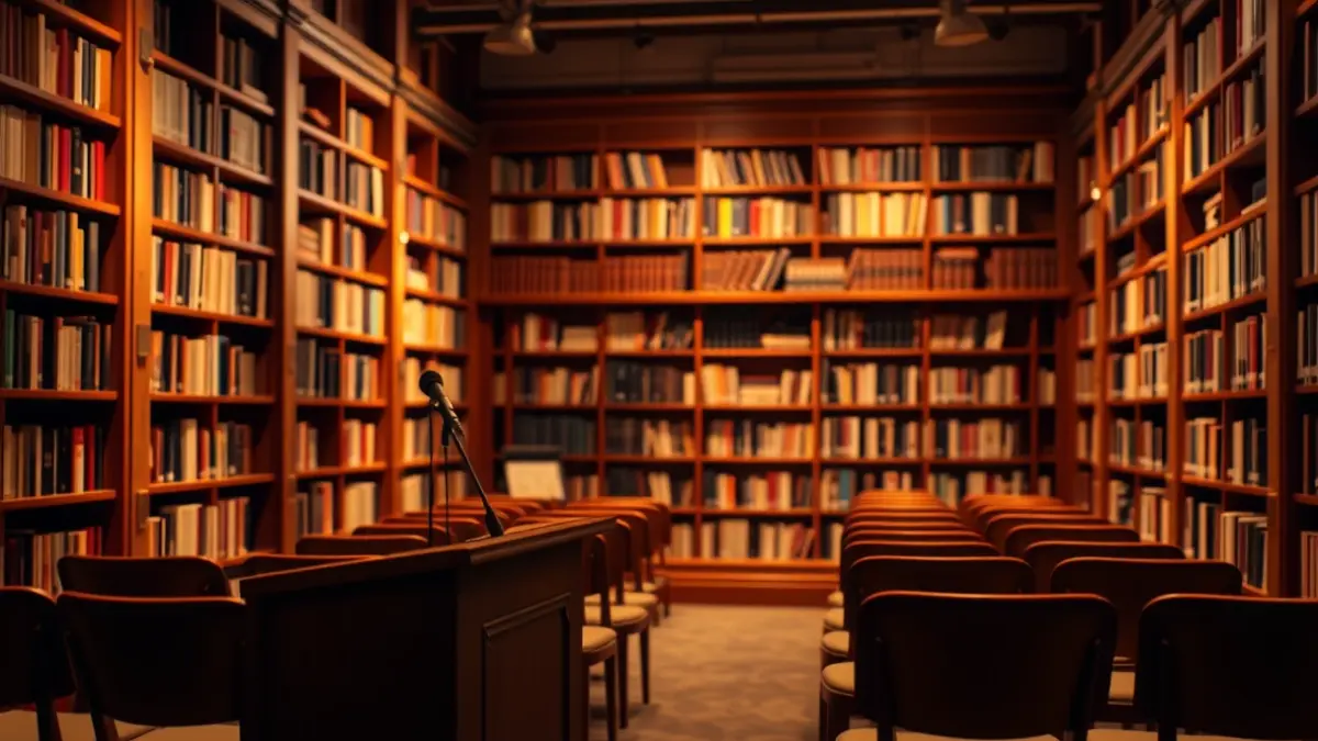 Imagen genérica de un interior de biblioteca con un podio y sillas, iluminado cálidamente.