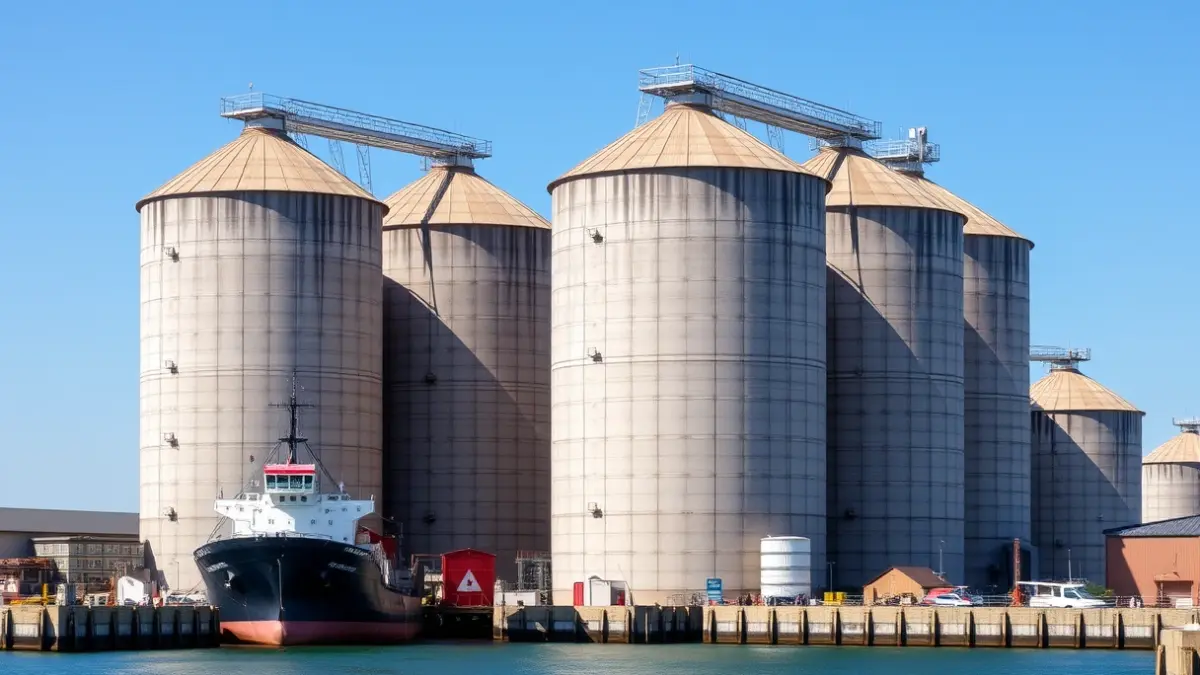 Imagen de un silo de grano en un puerto, con un barco atracado.