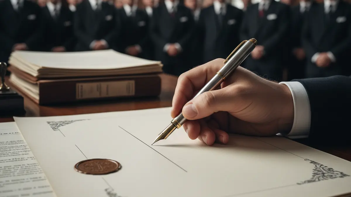 Generic image of a hand about to sign an official document, symbolizing governance and legal processes.