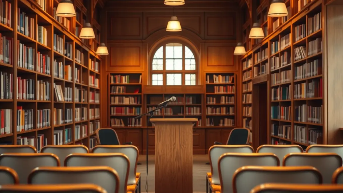 Generic image of a warmly lit library with a podium and chairs.