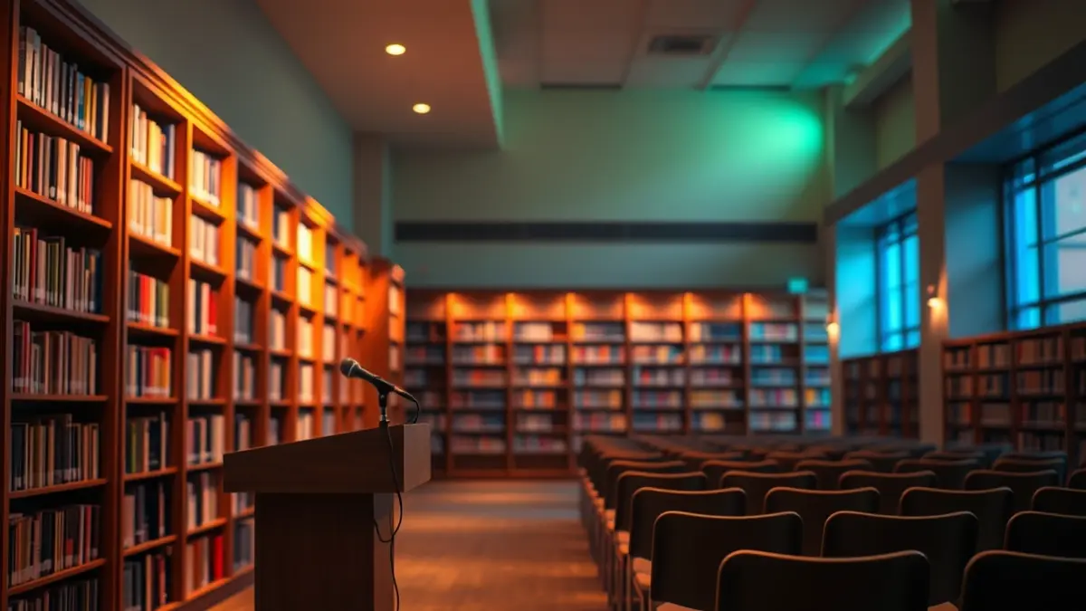 Generic image of a reading or literary presentation space with a cozy atmosphere and warm lighting.
