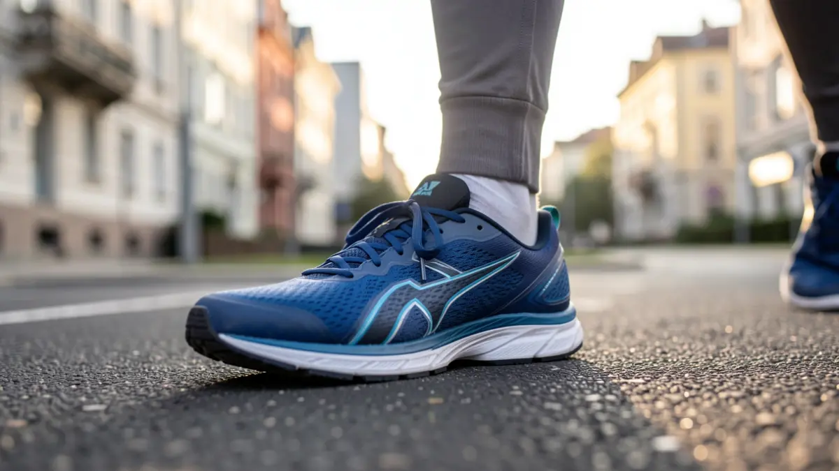 Generic image of a sports shoe on urban asphalt.