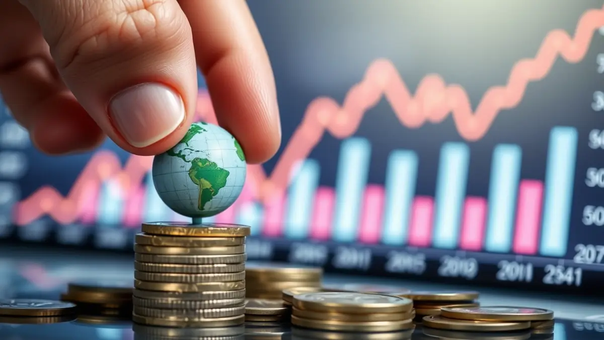 Generic image of the global economy and its risks, with a hand placing a globe on coins.