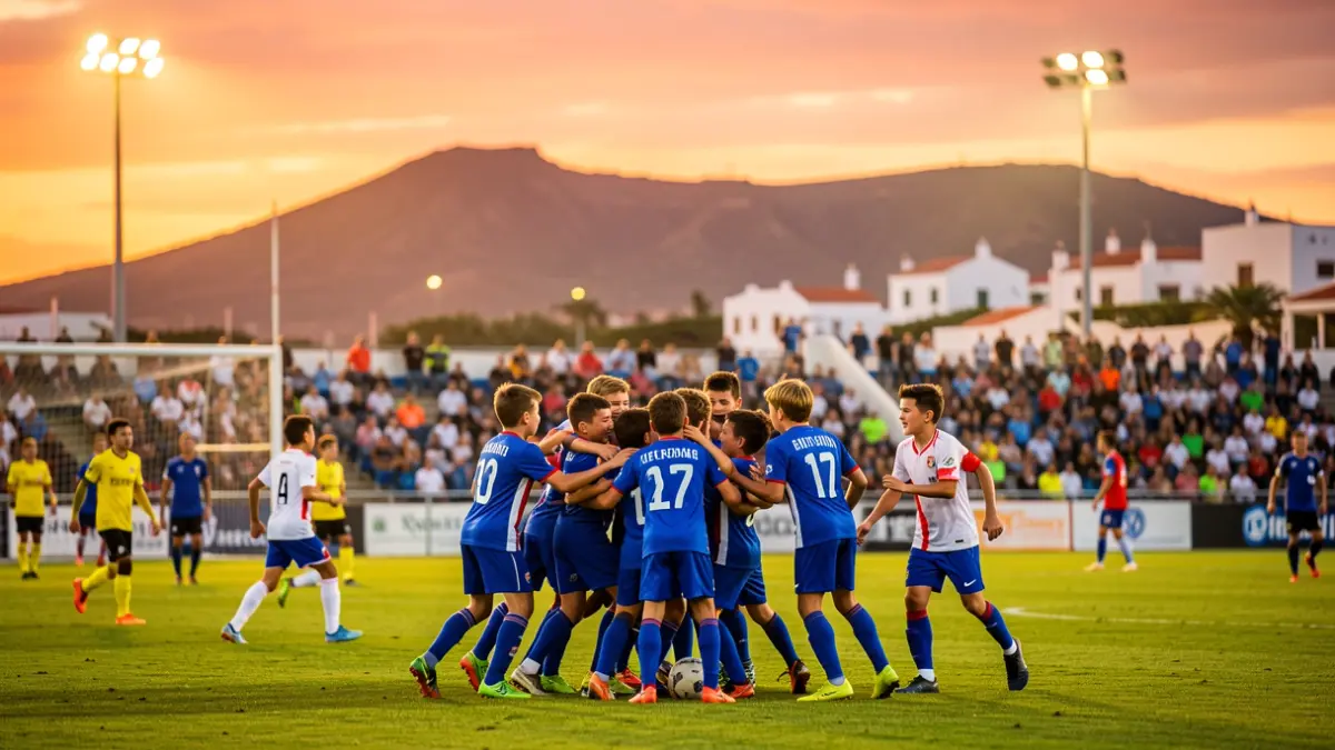 Imagen genérica de un torneo de fútbol base canario con jóvenes jugadores celebrando un gol al atardecer.