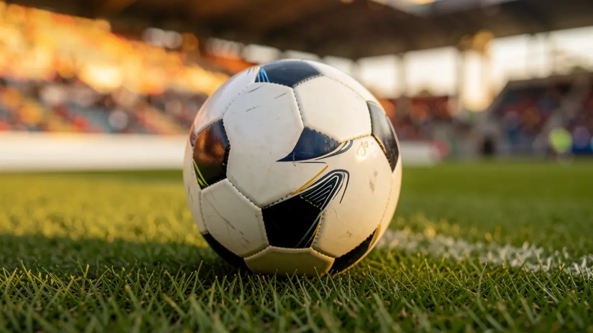 Soccer ball on the stadium grass.