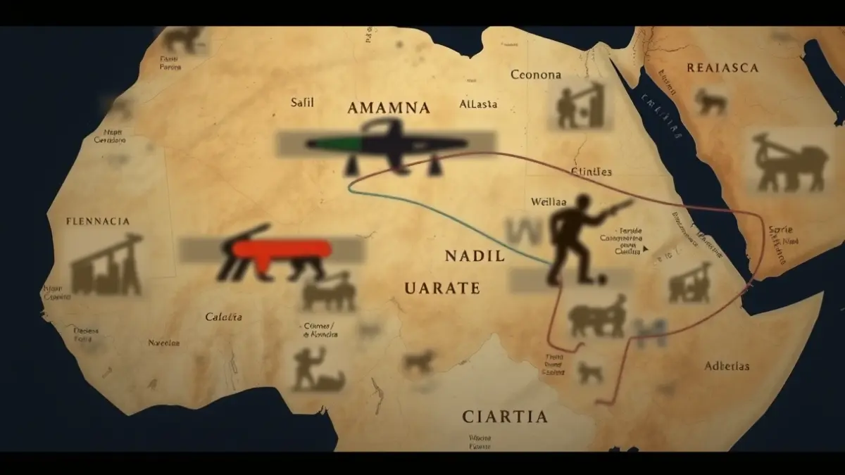 Abstract map of the Sahel and migration routes towards the Canary Islands, symbolizing the connection between distant conflicts and their local effects.