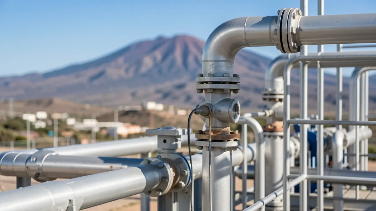 Imagen de la planta desaladora Lanzarote V con maquinaria industrial y tuberías.