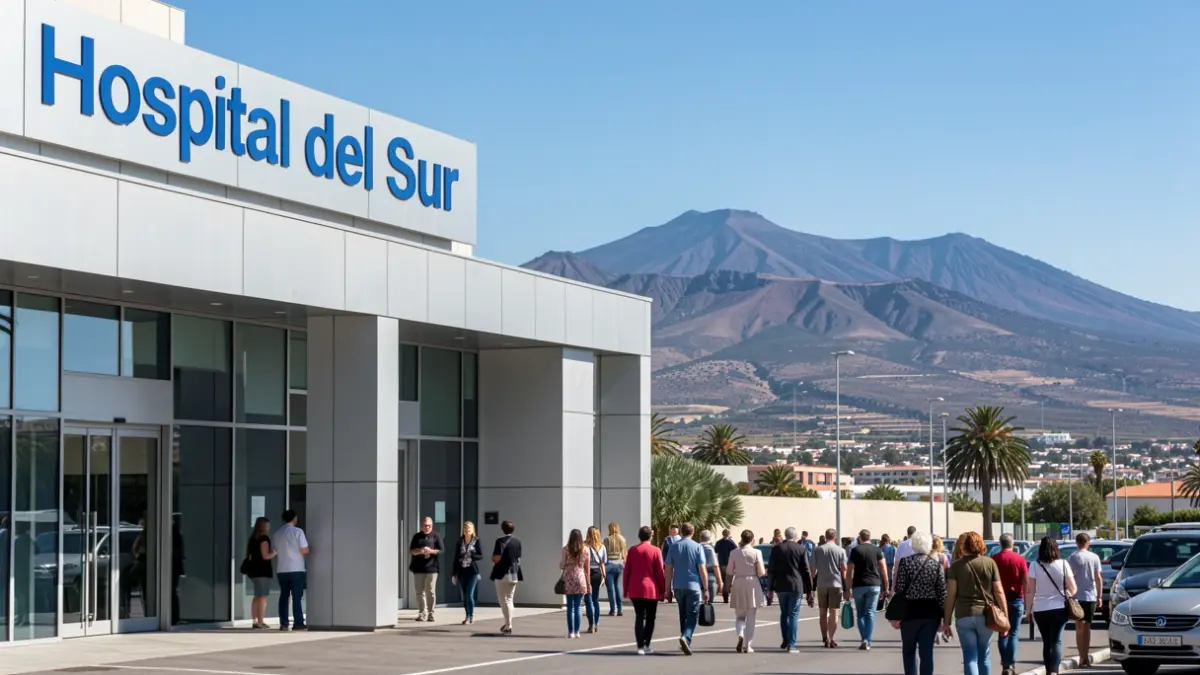 Generic image of the Hospital del Sur in Tenerife with the island's landscape in the background.