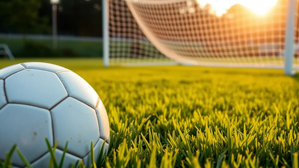Generic image of a soccer ball on the grass, with a blurred goal in the background.