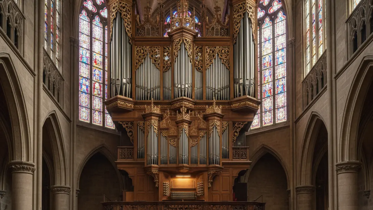 Imagen genérica de un órgano de tubos en una iglesia, con luz cálida y ambiente solemne.