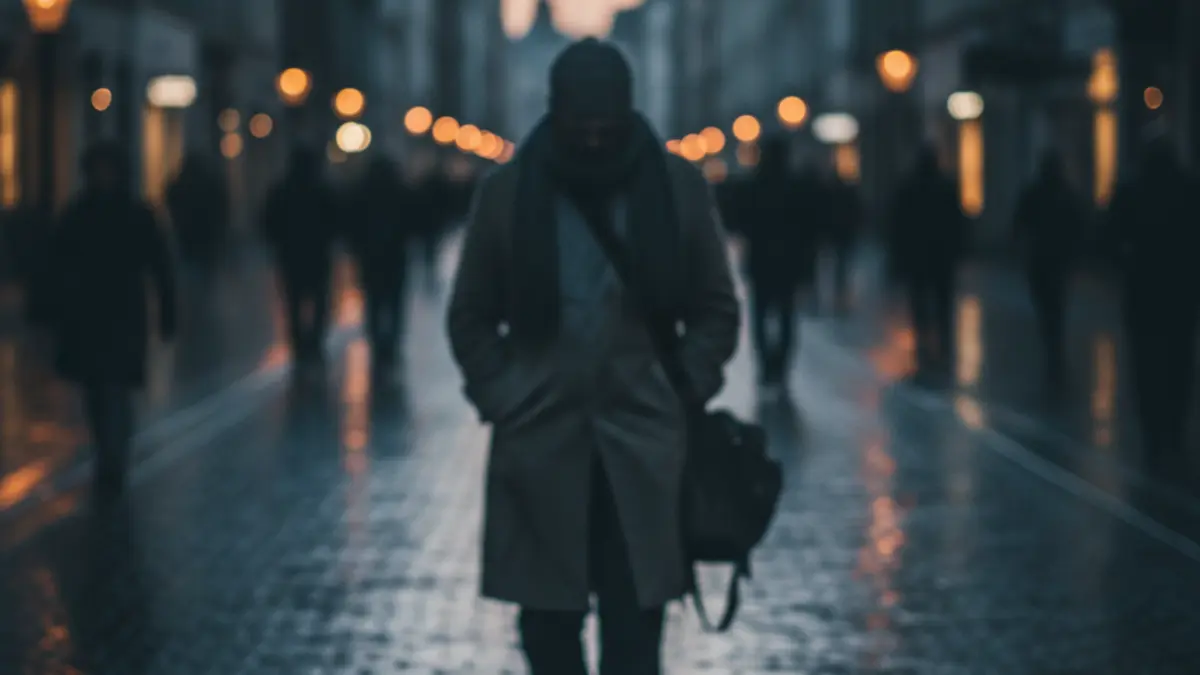 Generic image of a homeless person walking on a street at dusk.