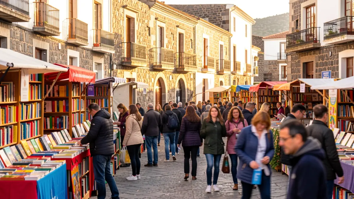 Generic image of a book fair in a Canarian square with bookstalls and people.