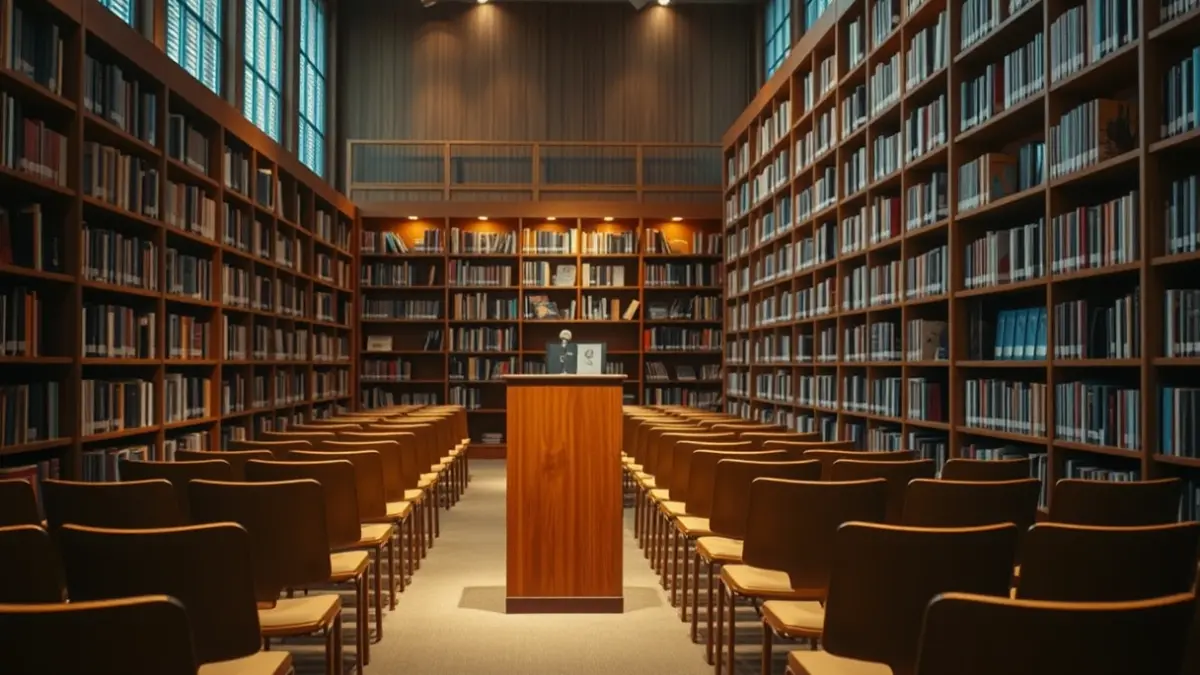 Generic image of a library interior with wooden bookshelves and a podium with a microphone, with a cozy reading atmosphere.