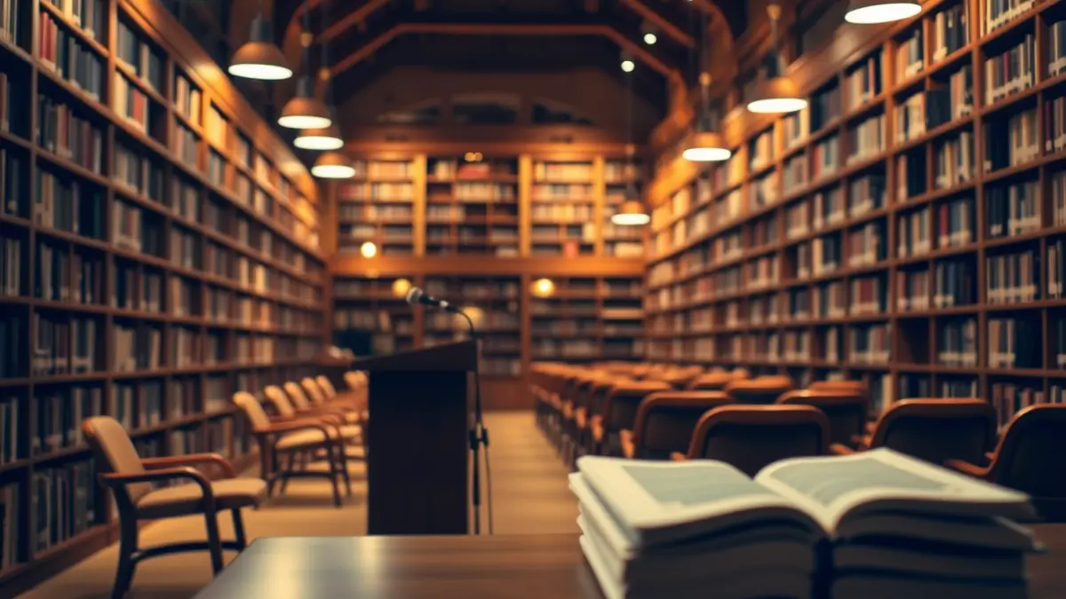 Imagen genérica de un ambiente de lectura o presentación de libros, con estanterías y un podio.