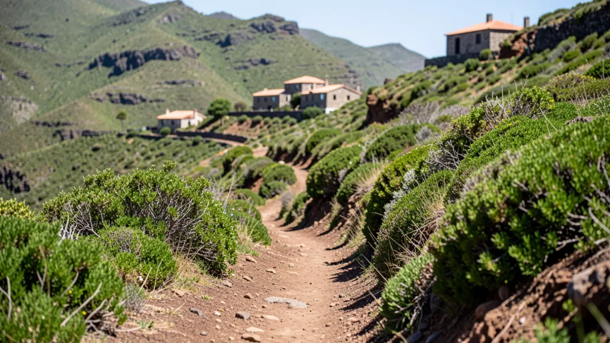 Sendero de acceso a La Fortaleza en Tenerife, con casas dispersas en la ladera.