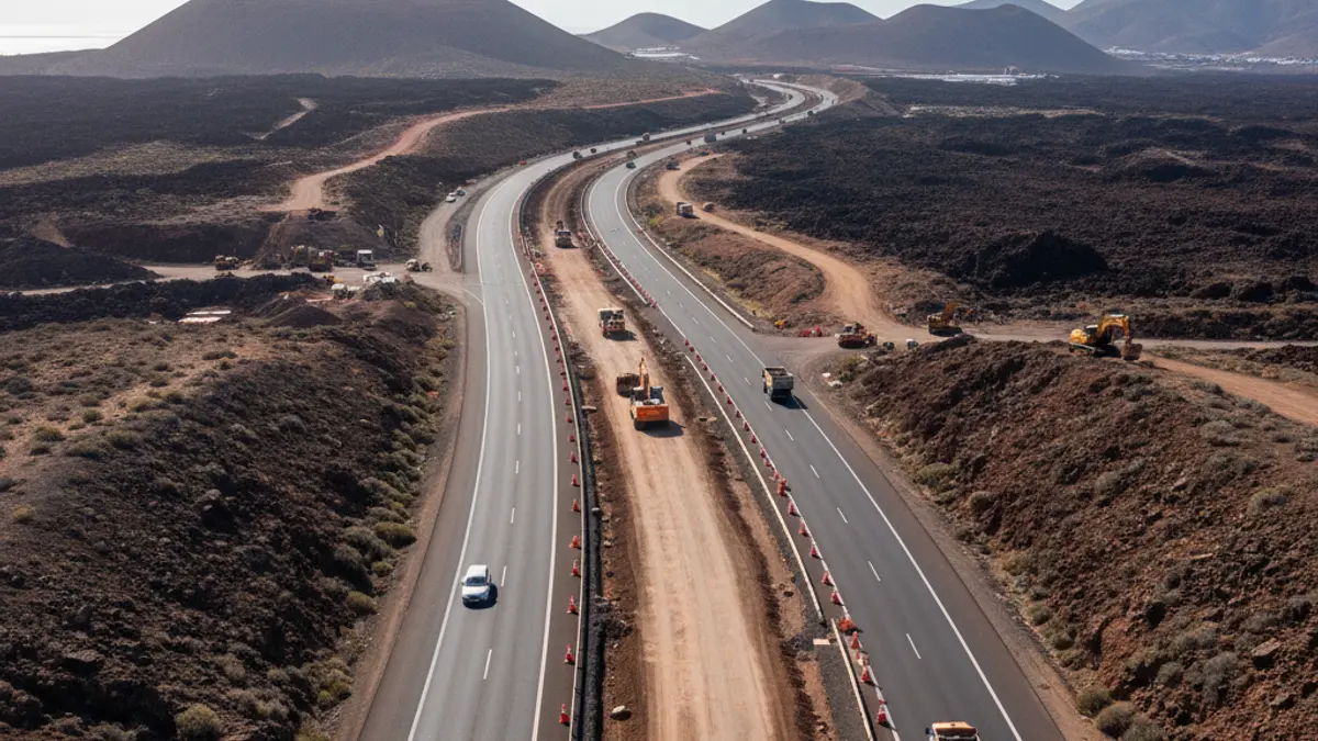 Imagen aérea de una autopista en construcción en Gran Canaria, con un nuevo carril siendo añadido.