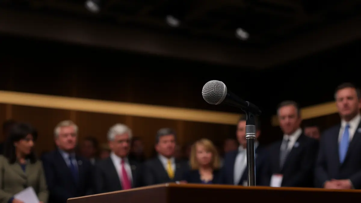 Generic image of a microphone on a podium, symbolizing a political debate or press conference.