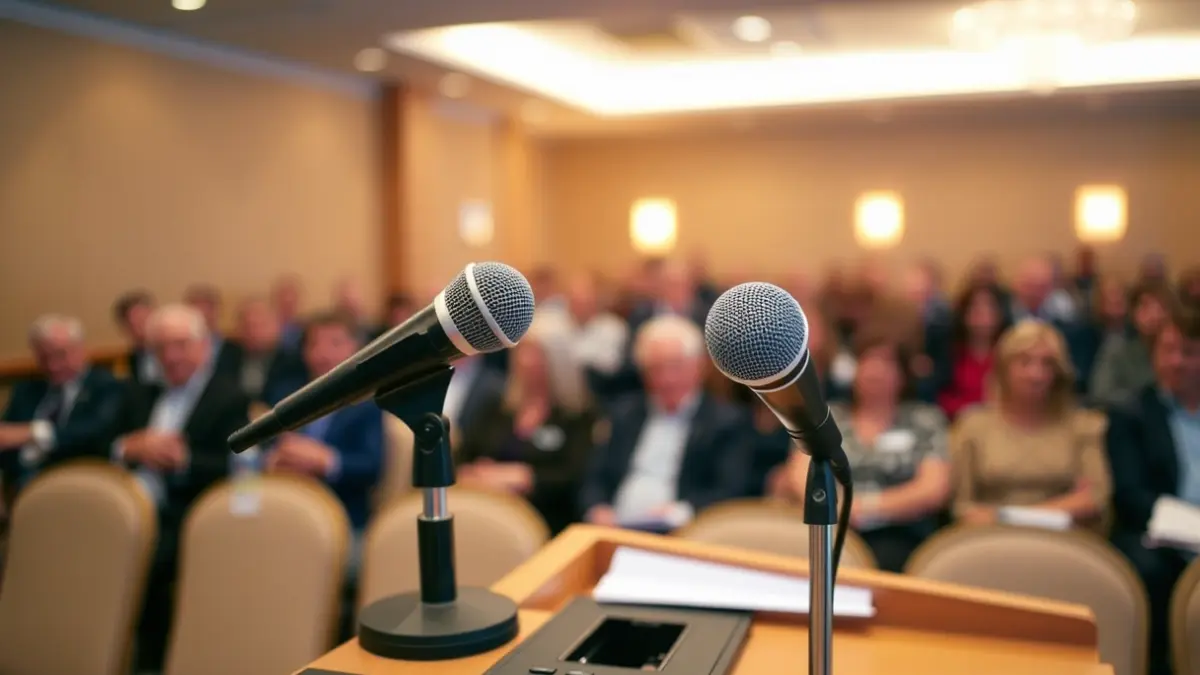 Generic image of a microphone on a podium during a conference or workshop.