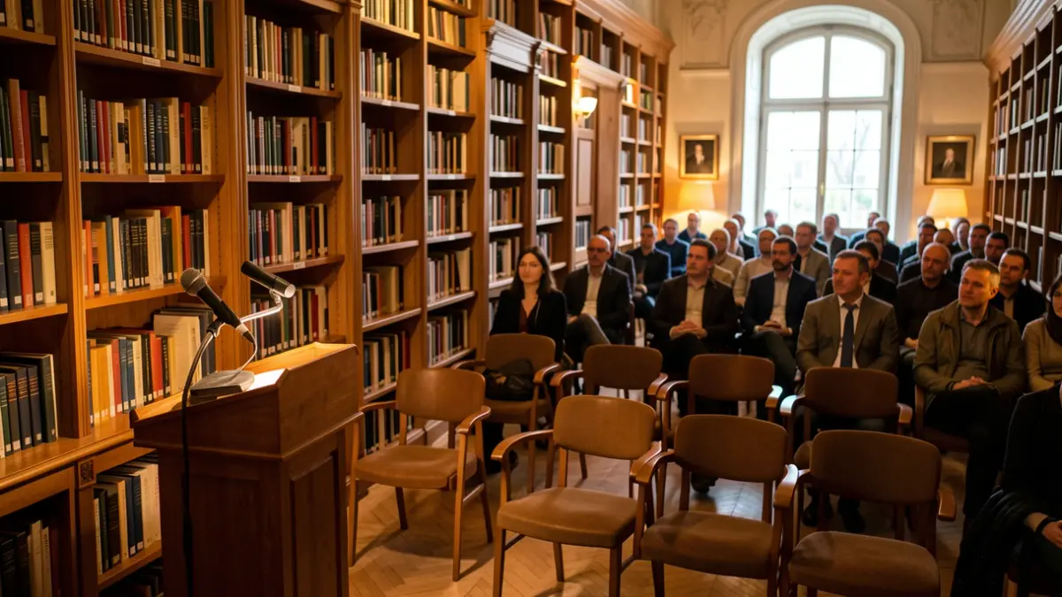 Generic image of a cultural space prepared for an event with a microphone and chairs.