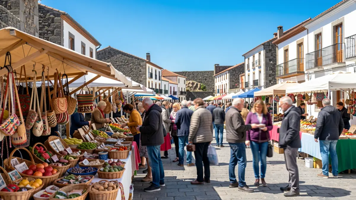 Generic image of an outdoor market in a La Gomera square with craft stalls and local produce.