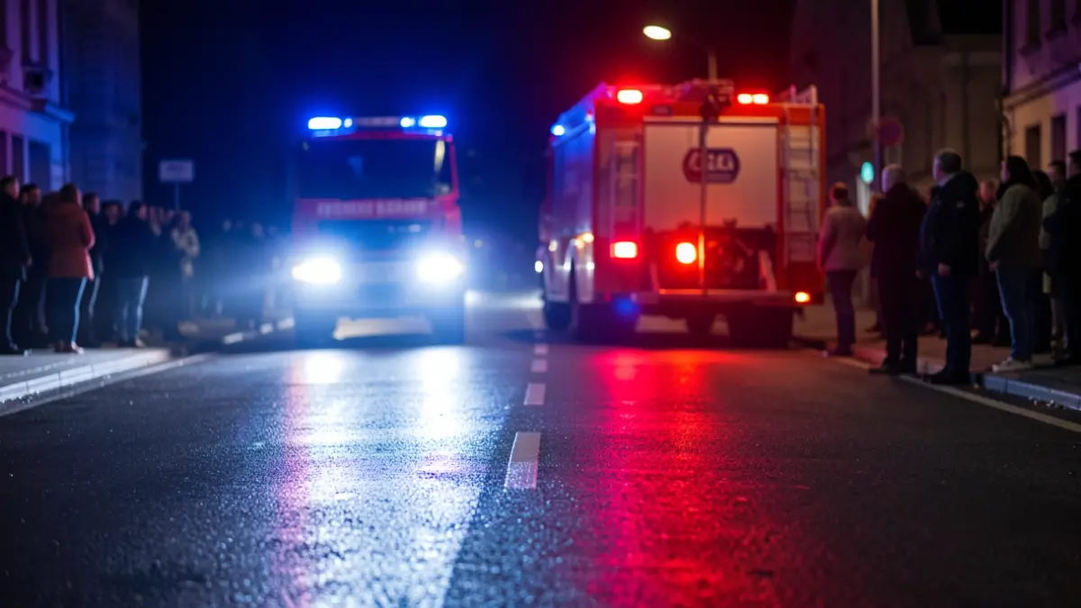 Emergency lights reflected on asphalt during a security drill.