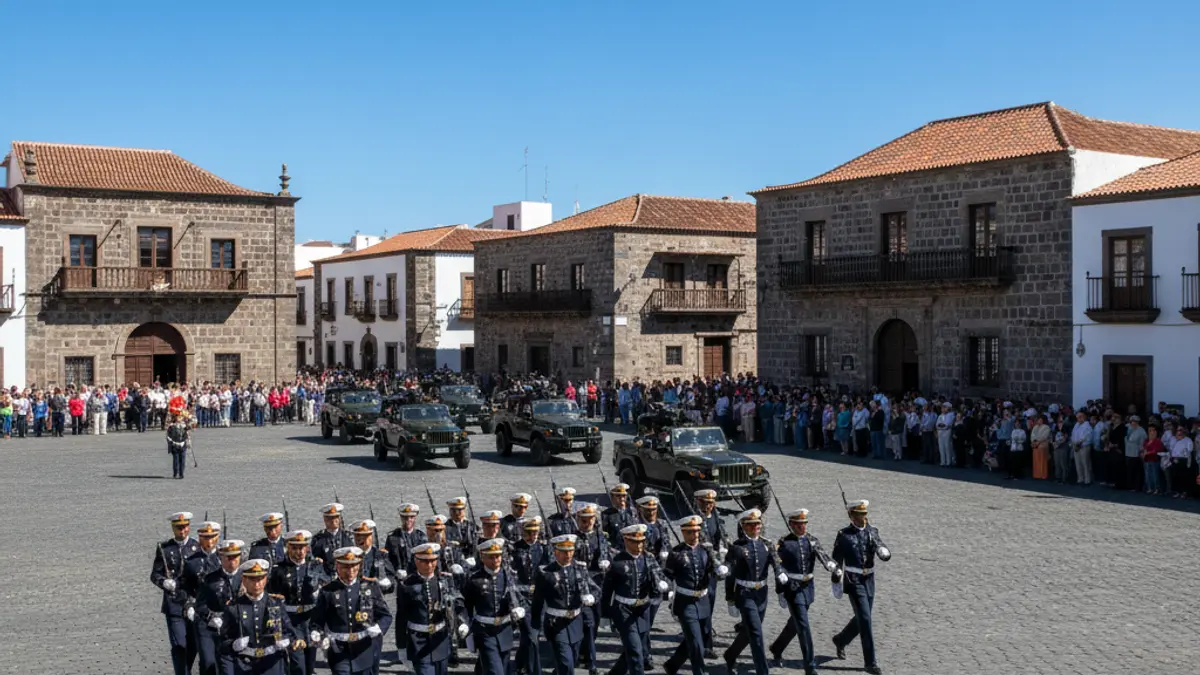Military parade in a historic Canary Islands square during a commemoration.