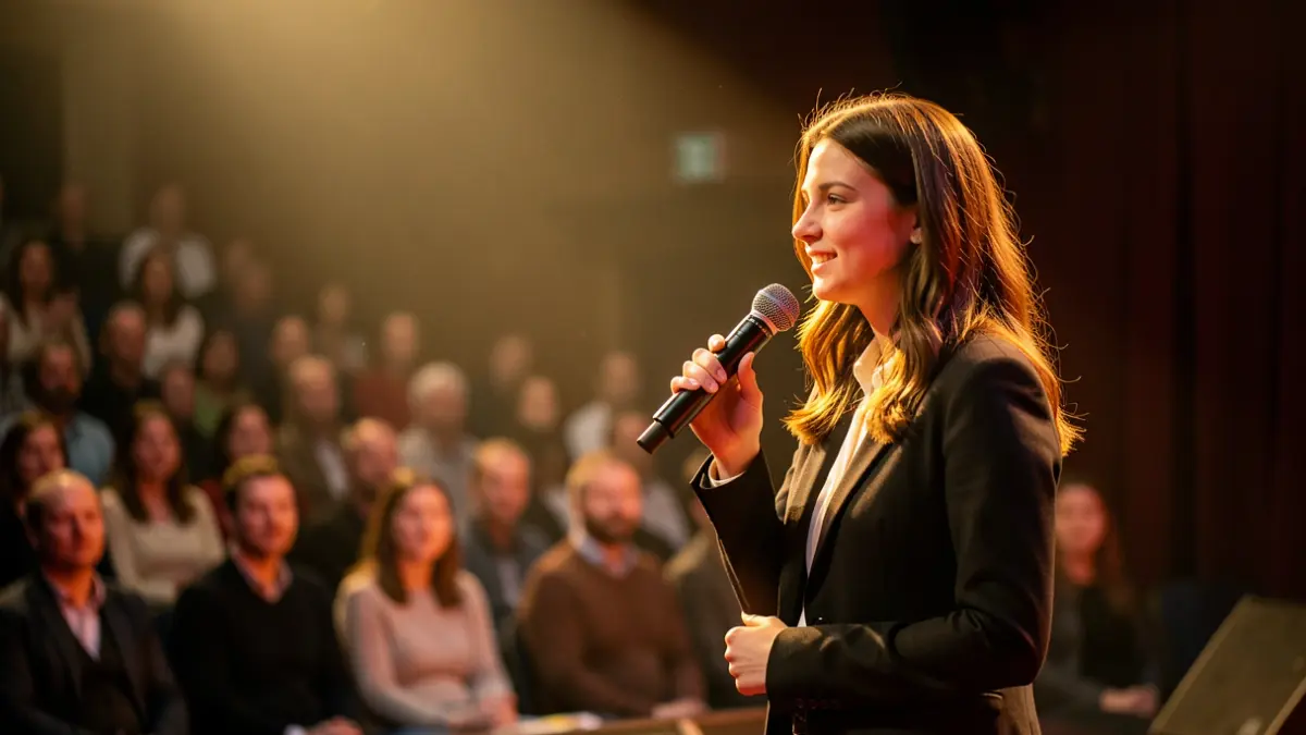 Imagen genérica de una humorista actuando en un escenario.