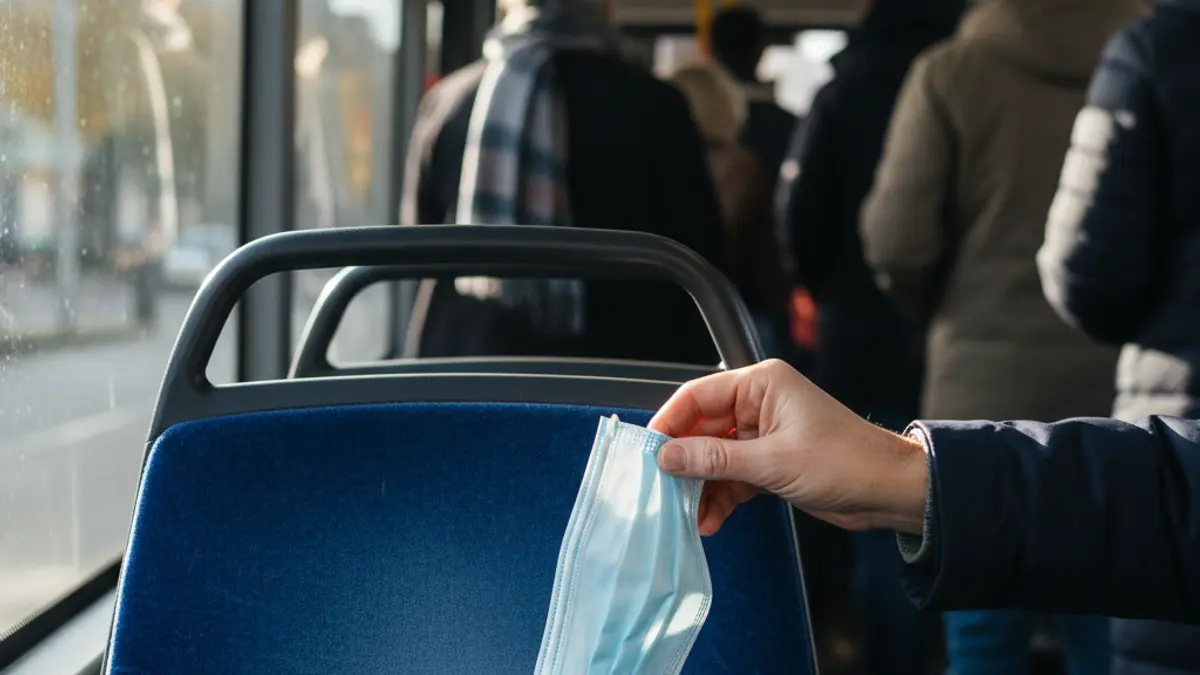 Imagen genérica del interior de un autobús, con pasajeros difuminados y una mascarilla.