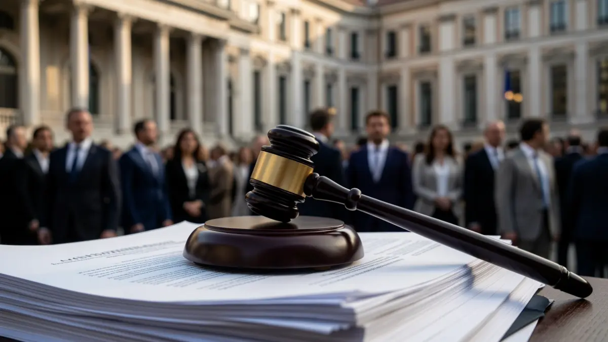 Imagen genérica de un mazo de juez sobre documentos legales con el Congreso de los Diputados al fondo.