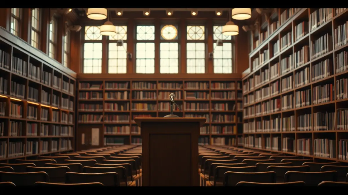 Generic image of an auditorium or conference room with a microphone on a podium.