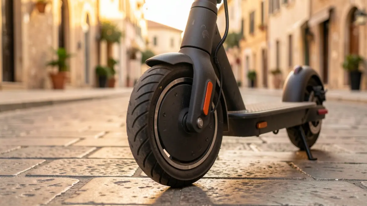 Imagen genérica de una rueda de patinete eléctrico en una acera de piedra con luz cálida.