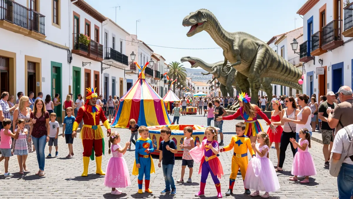 Generic image of a family festival in La Laguna with fairytale characters, dinosaurs, and circus activities.