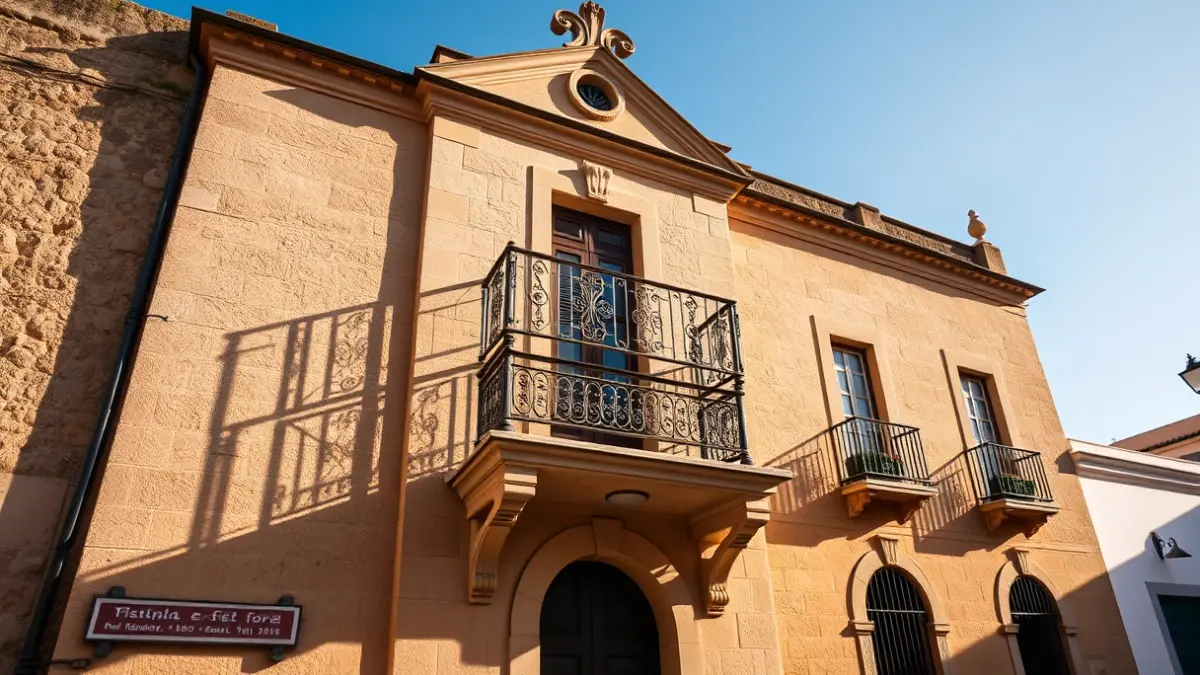 Fachada de un ayuntamiento de estilo canario con balcón y barandillas de hierro, bajo la luz del sol de la tarde.