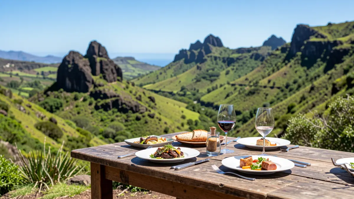 Imagen genérica de un paisaje canario con una mesa de degustación gastronómica.