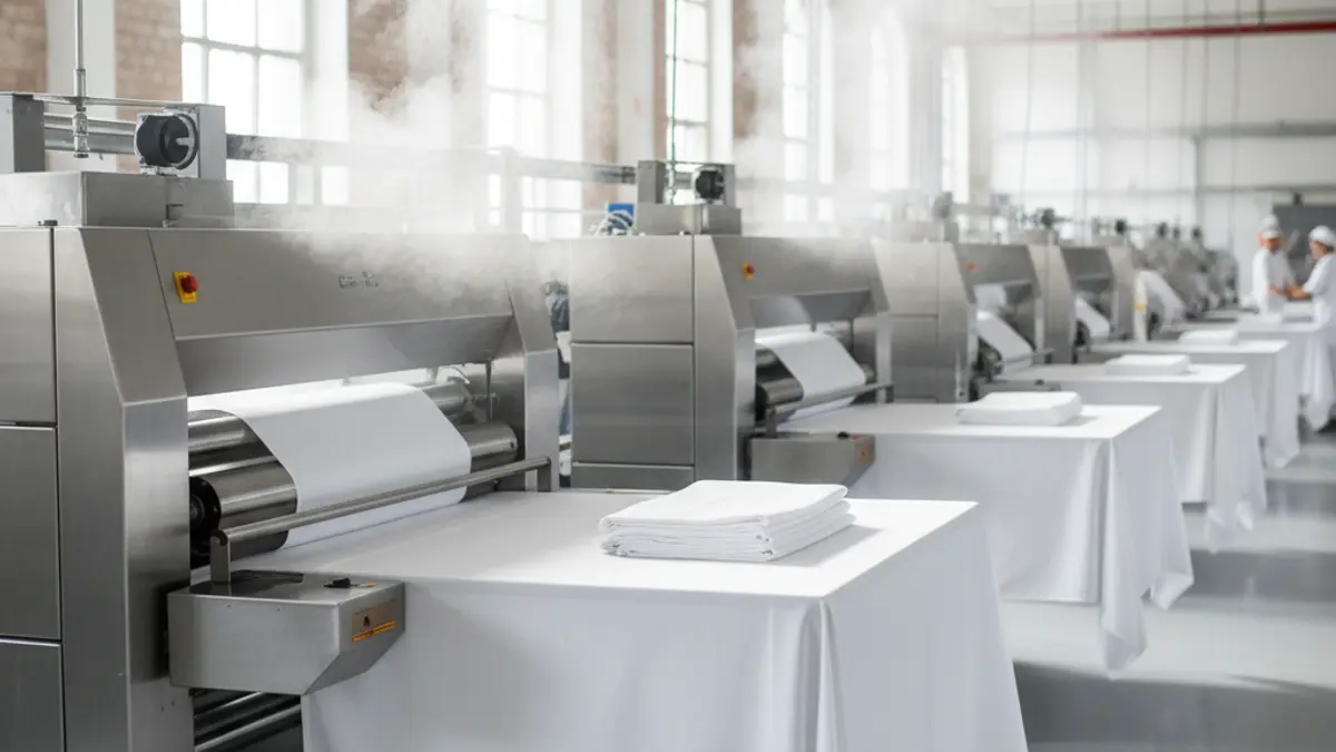 Generic image of a modern industrial laundry facility with ironing machinery.