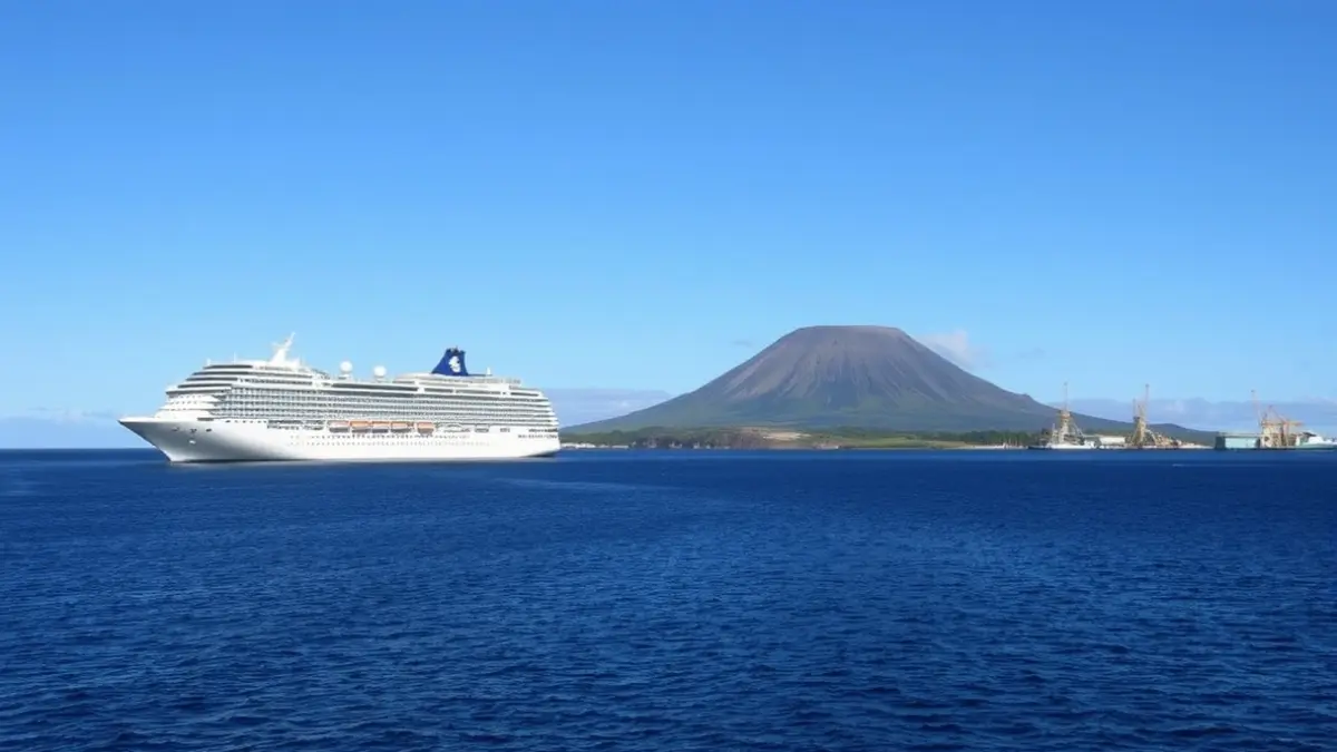 Imagen de un crucero anclado cerca de la costa de una isla volcánica, con un puerto al fondo.