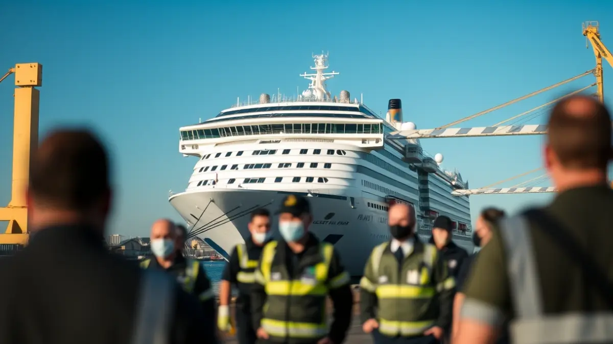 Imagen de un crucero atracado en un puerto industrial de Tenerife, con personal médico y de seguridad en primer plano.
