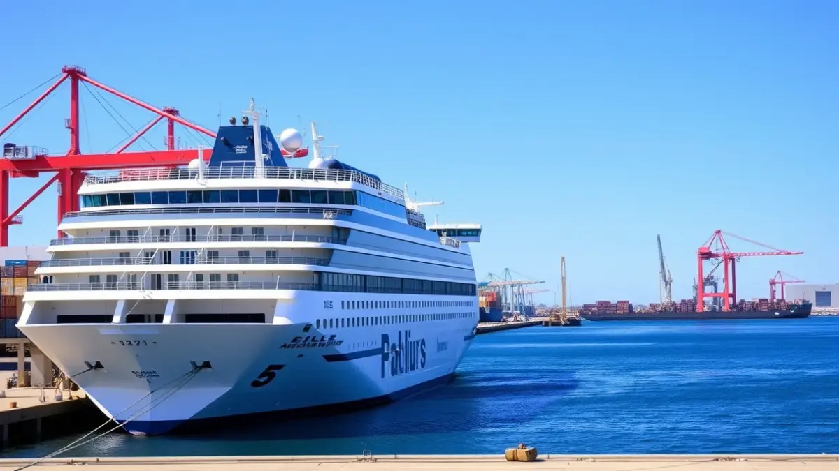 Image of a large passenger ship docked at a modern port in the Canary Islands.