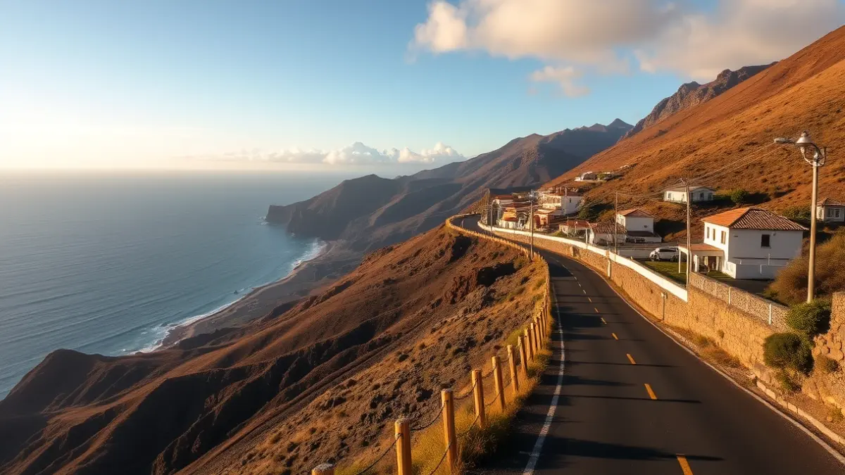 Paisaje costero de La Palma con arquitectura tradicional y el océano de fondo.