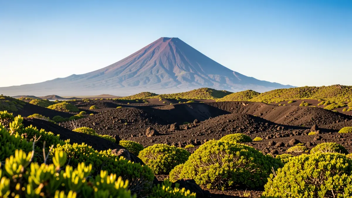 Imagen genérica del paisaje volcánico de La Palma con vegetación y el Teide al fondo.