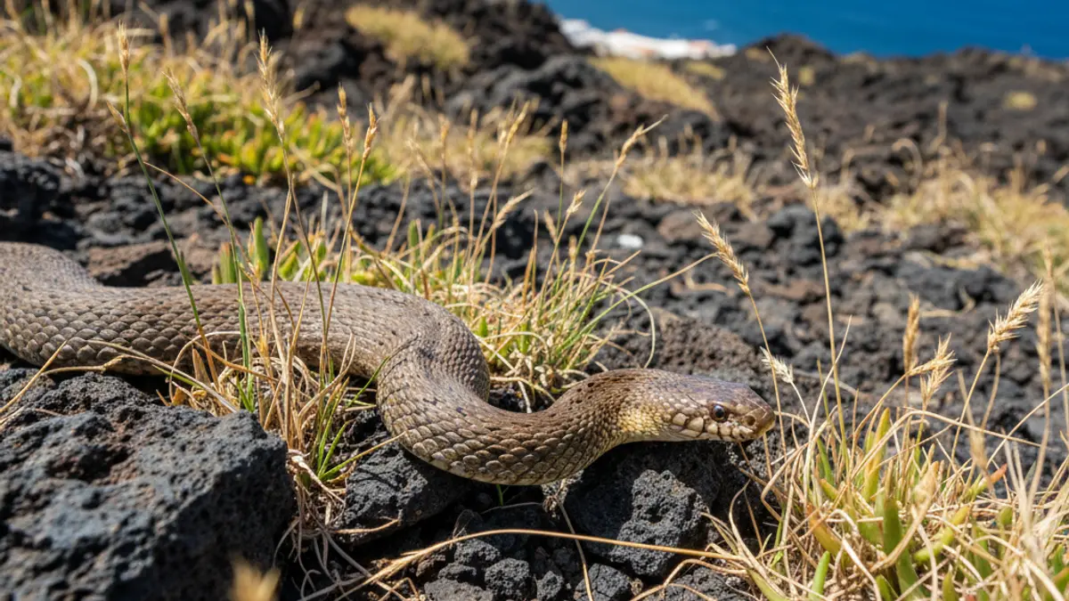 Imagen de una culebra real de California en un entorno rocoso de Gran Canaria.