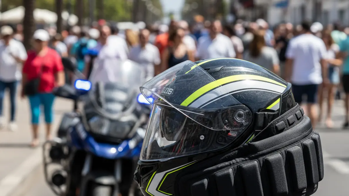 Image of a motorcycle helmet with an activated airbag system, showing neck protection.