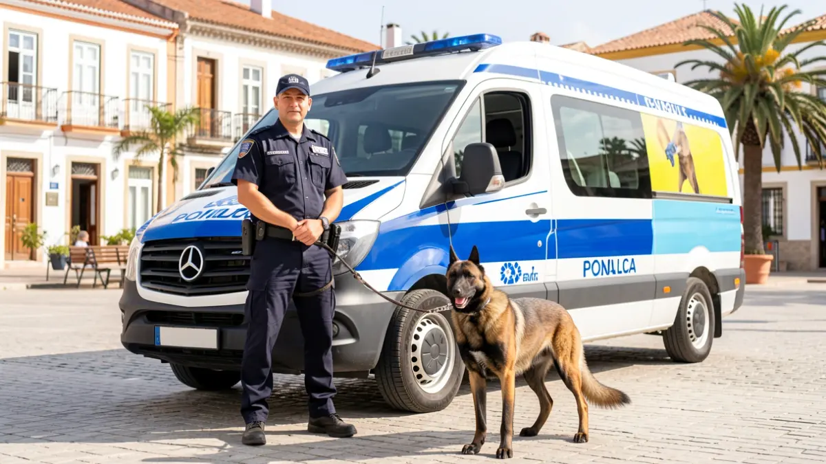 Image of a police dog and its handler next to an adapted van in Mogán.