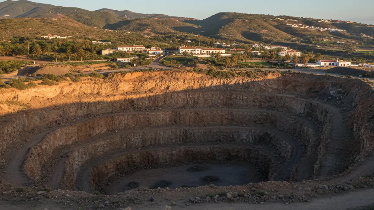 Image of a large quarry in a volcanic landscape of Tenerife, showing the scale of the excavation.
