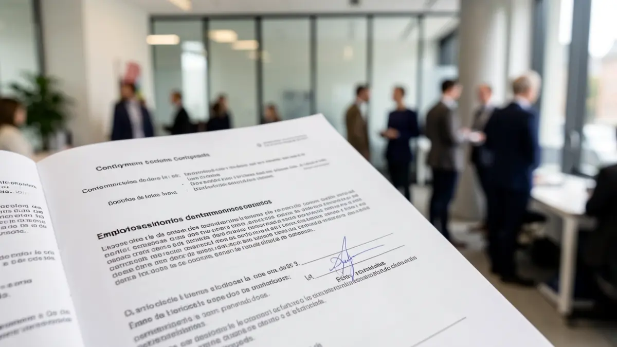 Imagen genérica de un contrato de trabajo español con detalles de texto y firma.