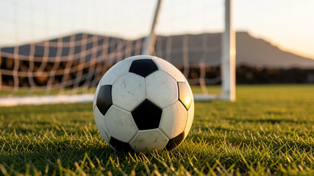 Imagen genérica de un balón de fútbol sobre césped con la red de portería desenfocada.