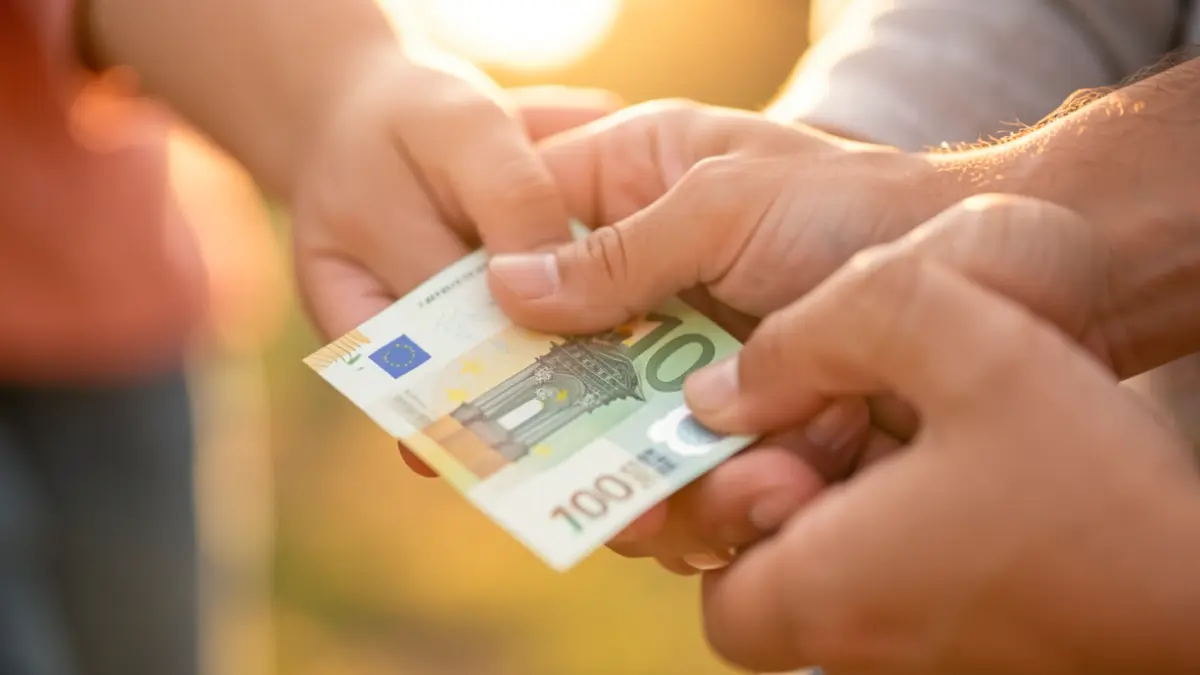 Generic image of a 100 euro banknote next to a family's hands holding a child's hand.